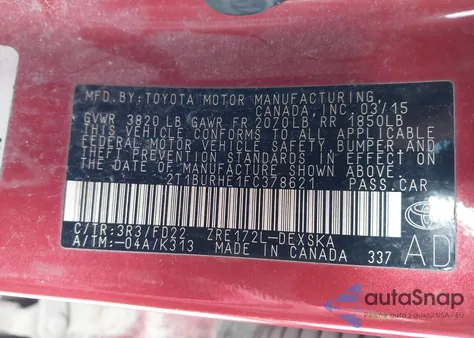 2015 Toyota Corolla S Plus z USA, uszkodzony, nr VIN 2T1BURHE1FC378621